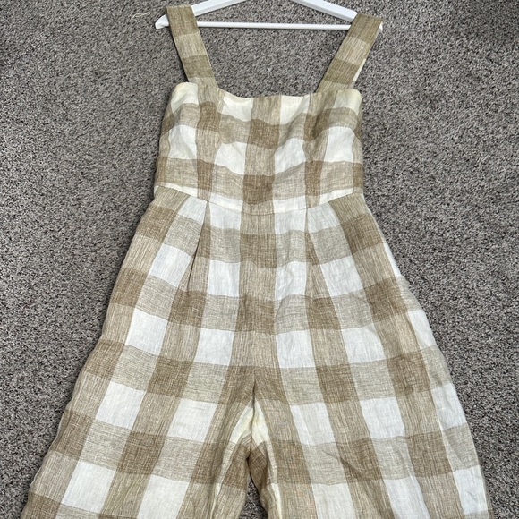 Gal meets glam Linen Plaid wide leg Sleeveless jumpsuit in Brown Cream size s - Picture 11 of 12